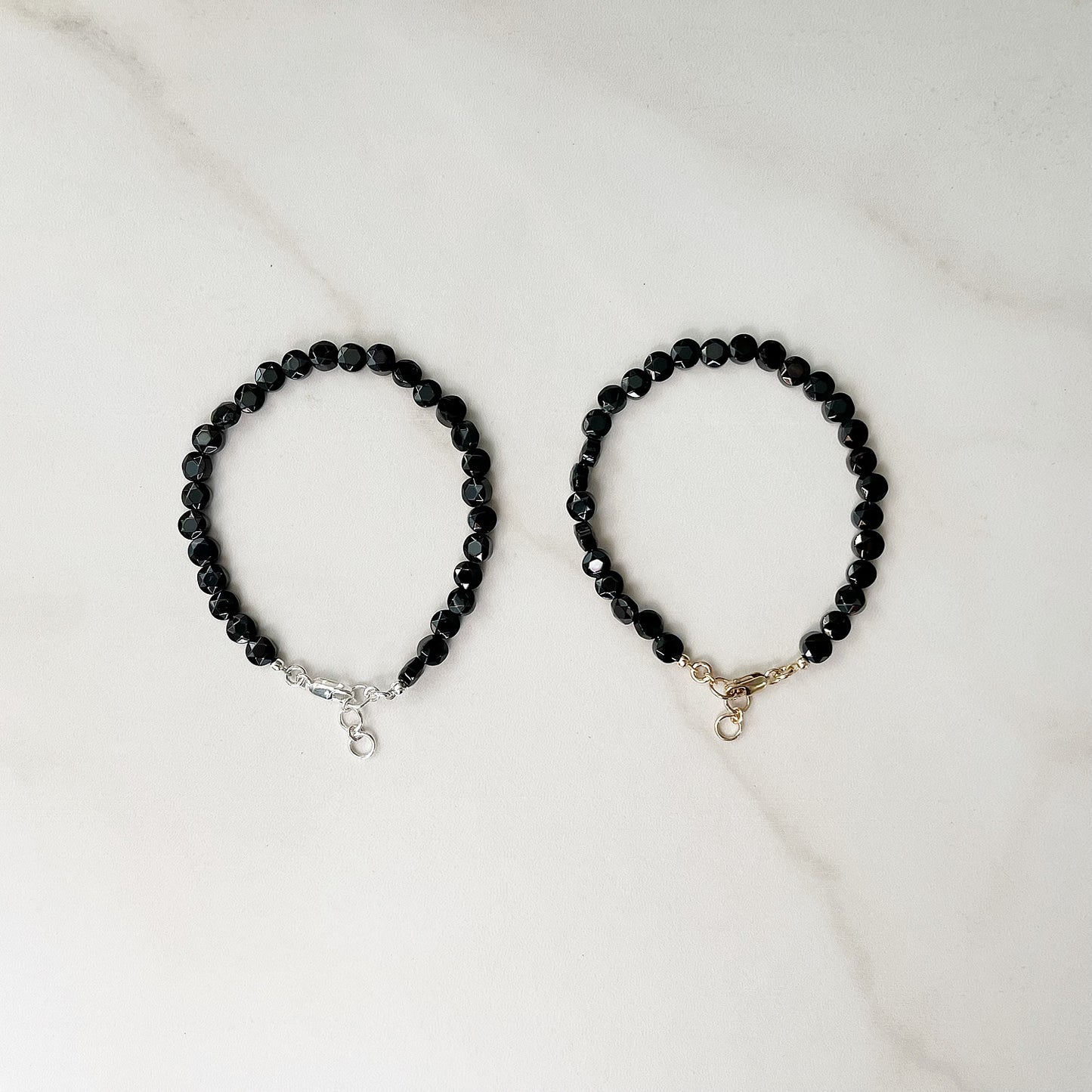 two single strand onyx bracelets with sterling silver or 14k gold filled hardware