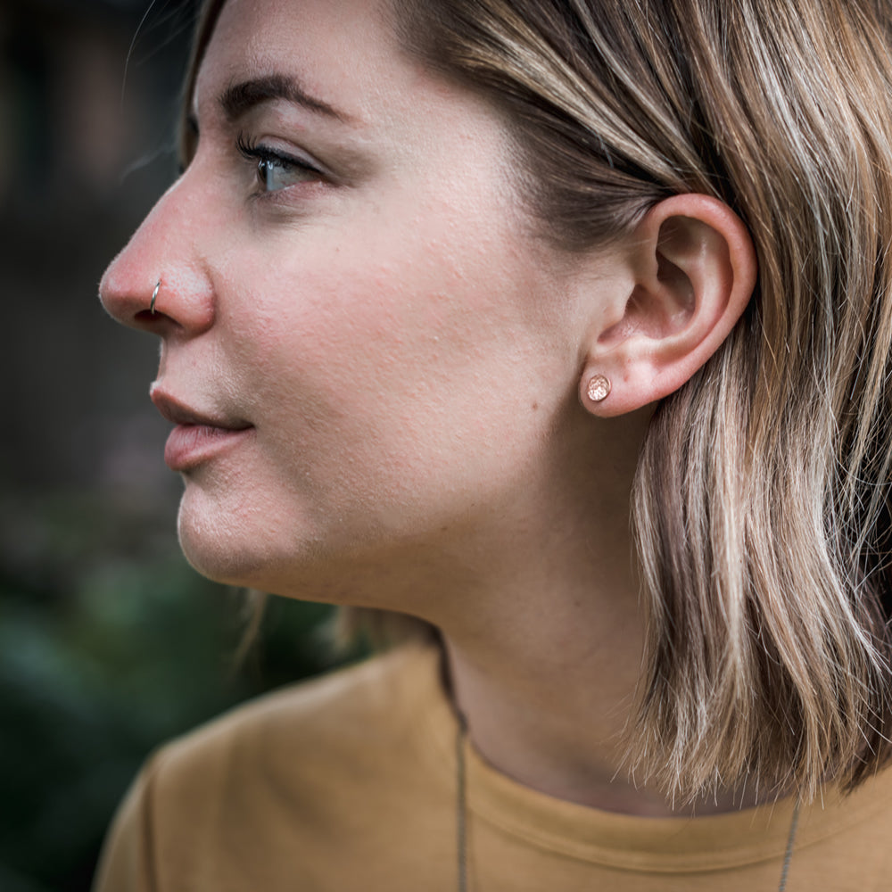 tiny hammered studs in sterling silver, brass or copper
