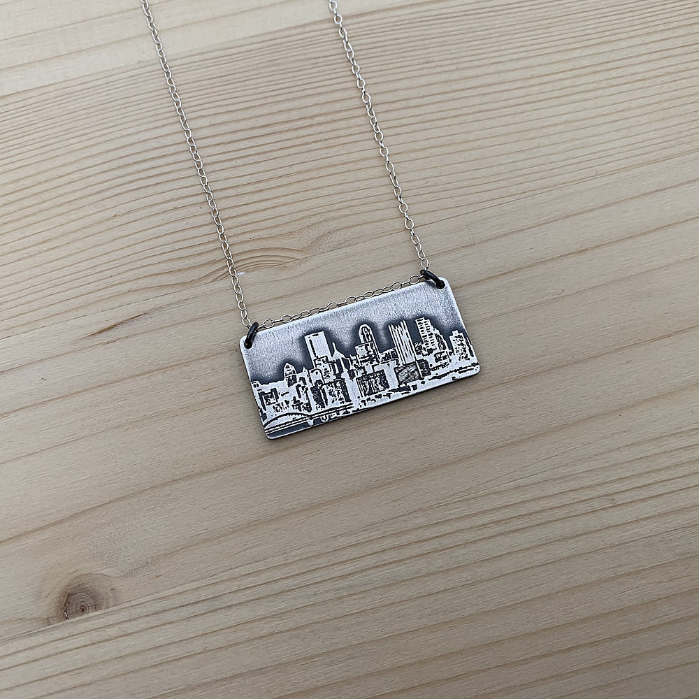 sterling silver pittsburgh skyline pendant with sterling silver chain handmade jaci riley jewelry