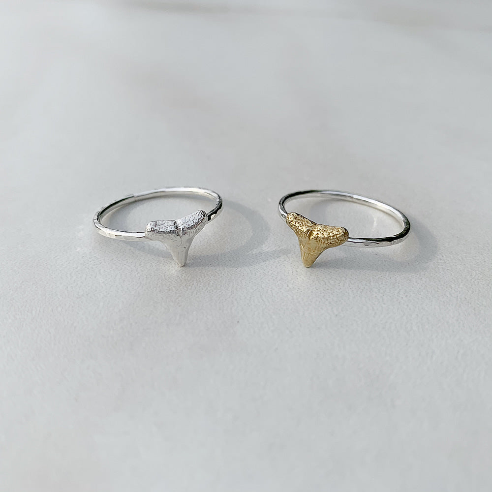 sterling silver and brass shark tooth rings