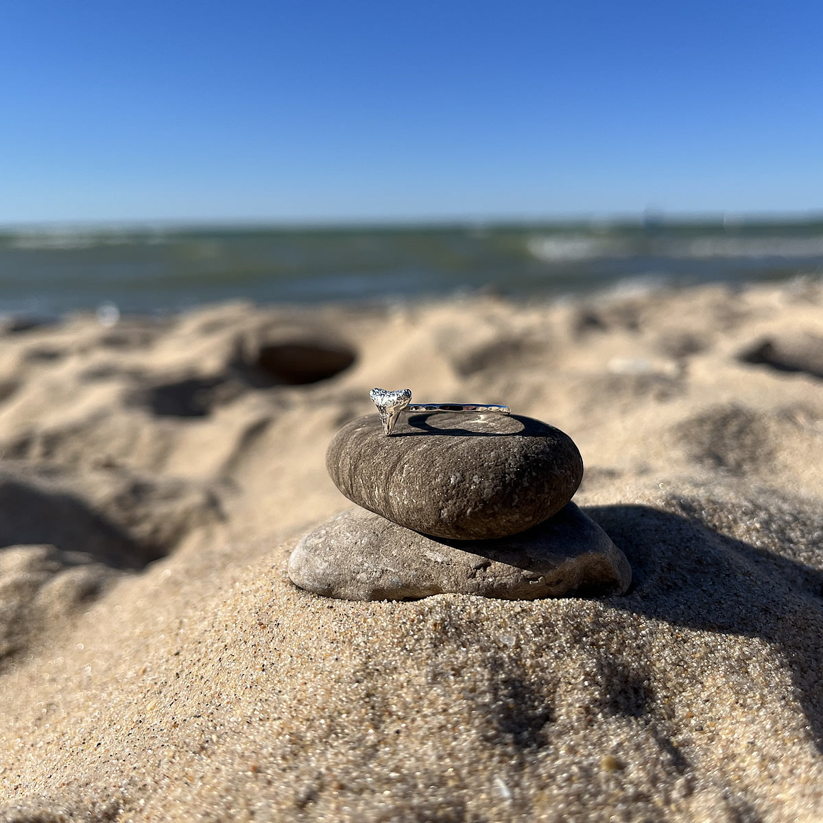 sterling silver shark tooth ring on a rock in the sand on a beach