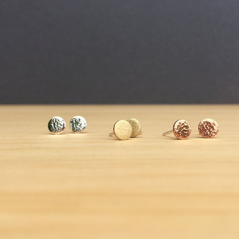 tiny hammered studs in sterling silver, brass or copper