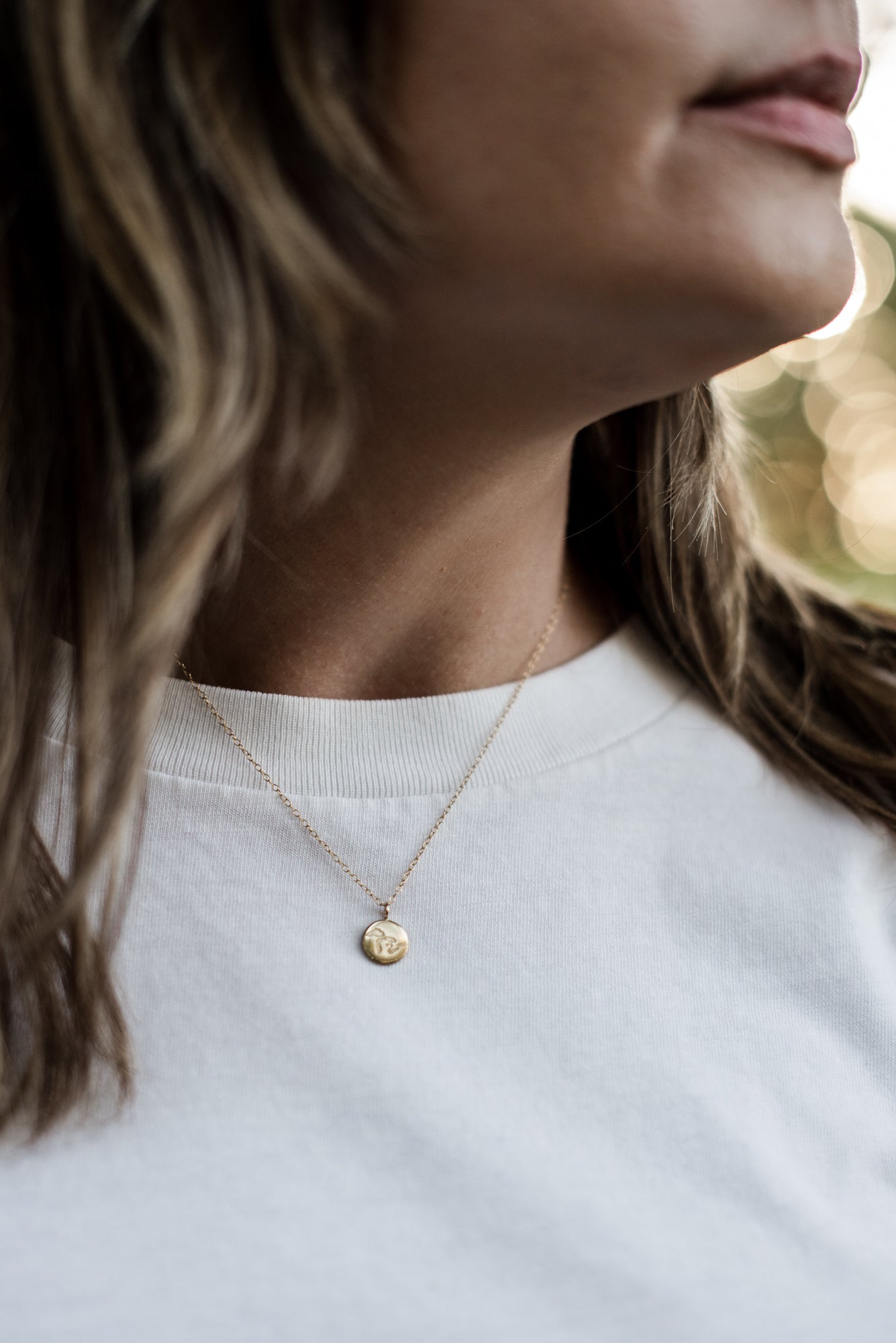 gold vermeil great lakes pendant on a model with brown hair and a white t shirt