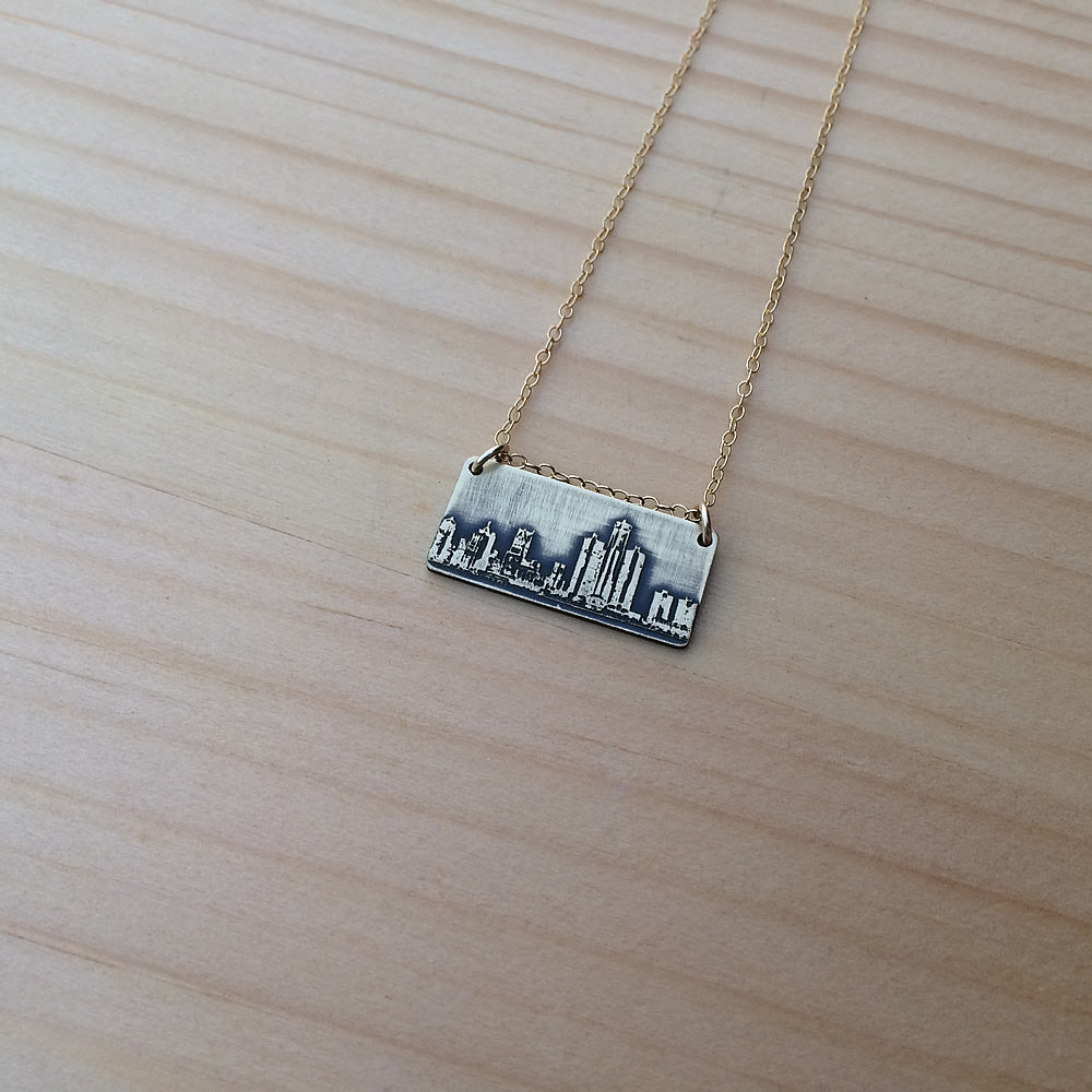 detroit skyline necklace in brass and 14k gold fill