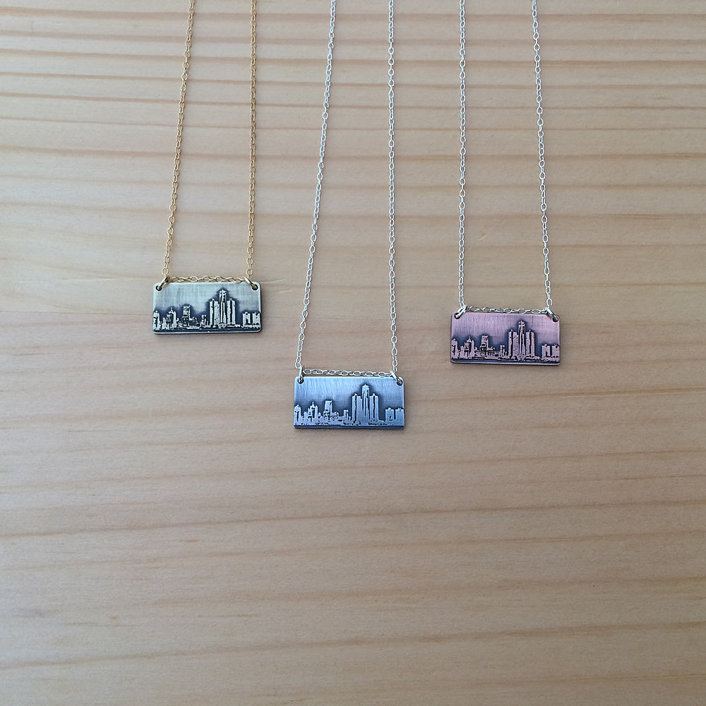 detroit skyline necklace in brass, sterling silver or copper