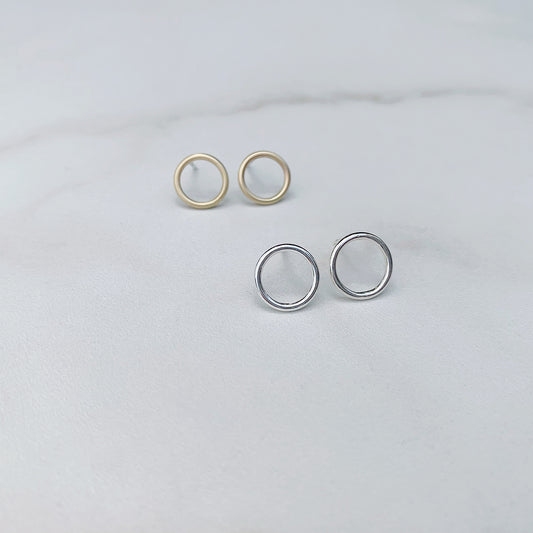 open circle studs in sterling silver and brass