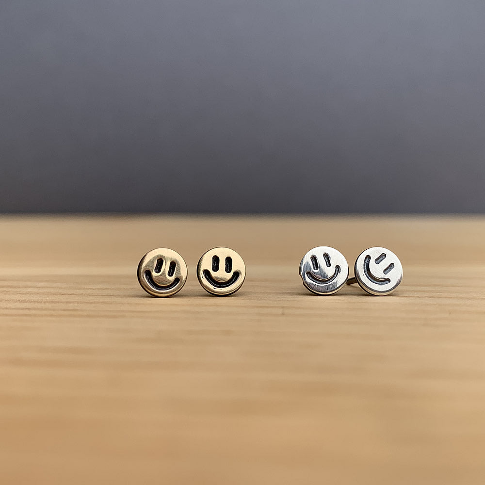 brass and sterling silver smiley face earrings jaci riley jewelry