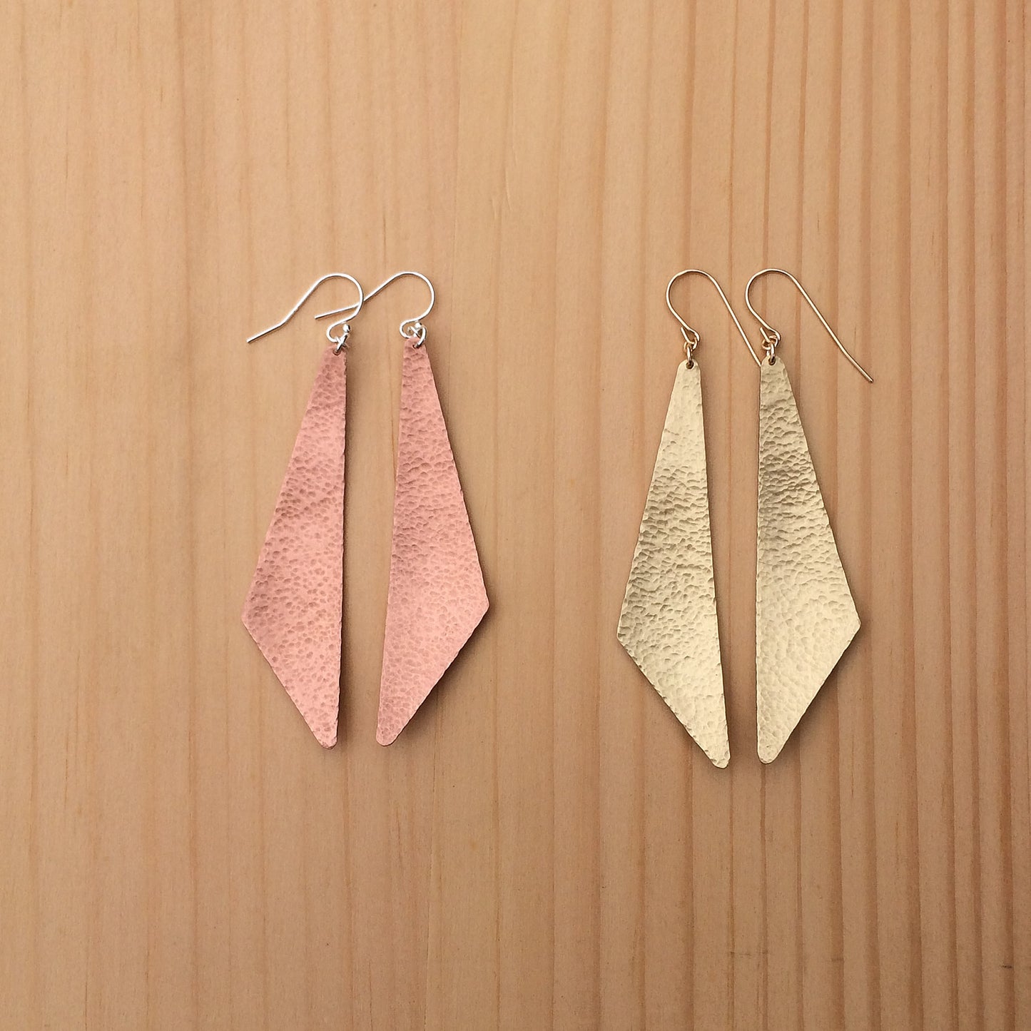 hammered triangle earrings in copper or brass
