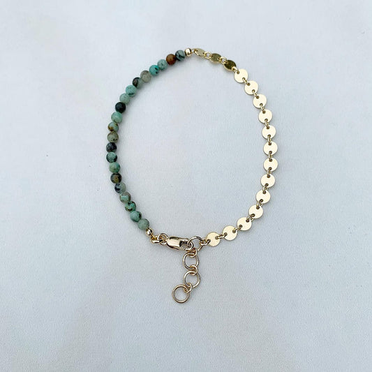 beaded turquoise bracelet with 14k gold fill chain