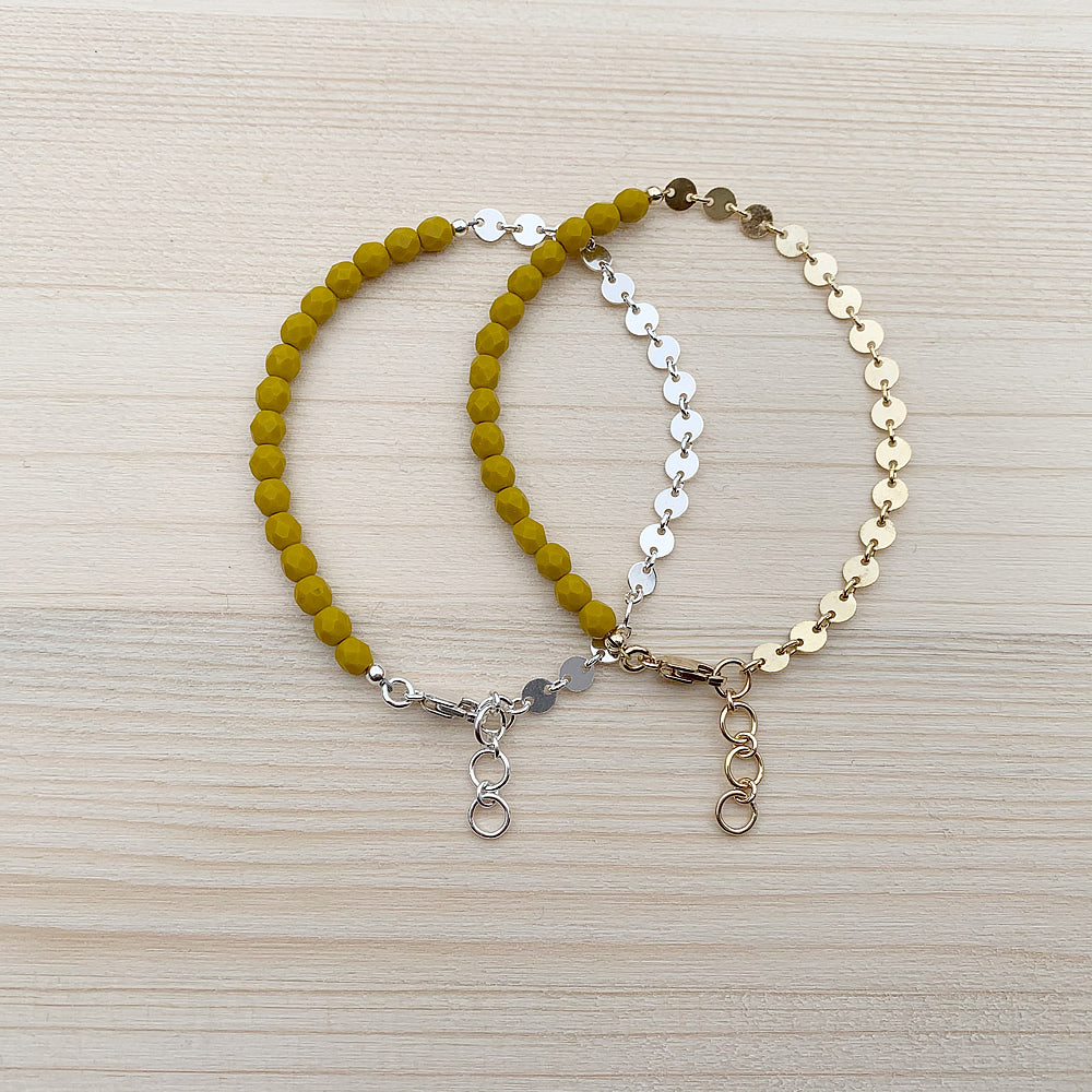 high low bracelet in mustard yellow with 14k gold fill or sterling silver coin chain